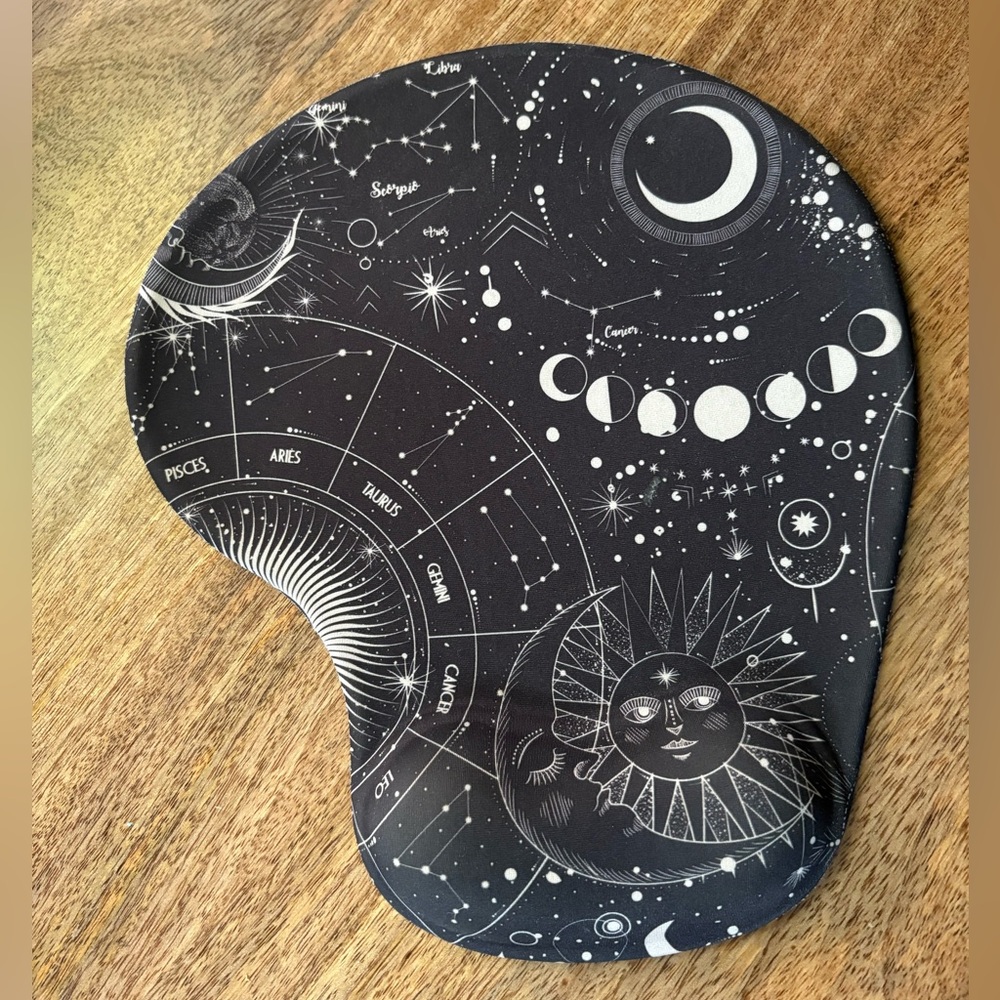 Celestial Astrology Themed Black & White Mouse Pad with Wrist Support